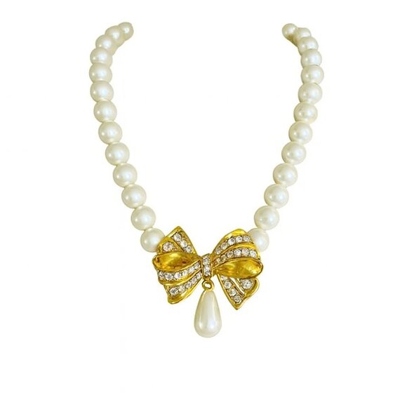 Vintage Richelieu Rhinestone Pearl Necklace with Gold Bow & Rhinestone Drop - Picture 1 of 5